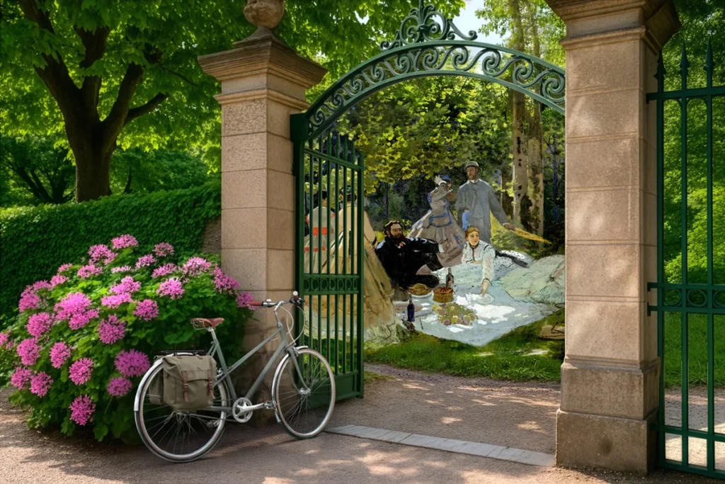 Portail de jardin ouvert sur une scène impressionniste évoquant un déjeuner sur l’herbe, avec un vélo posé au premier plan.