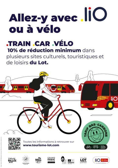 Tarif bas-carbone dans le Lot : 10 % de réduction minimum dans plusieurs sites culturels, touristiques et de loisirs pour les visiteurs venus en train, en car liO ou à vélo.