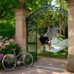 Portail de jardin ouvert sur une scène impressionniste évoquant un déjeuner sur l’herbe, avec un vélo posé au premier plan.